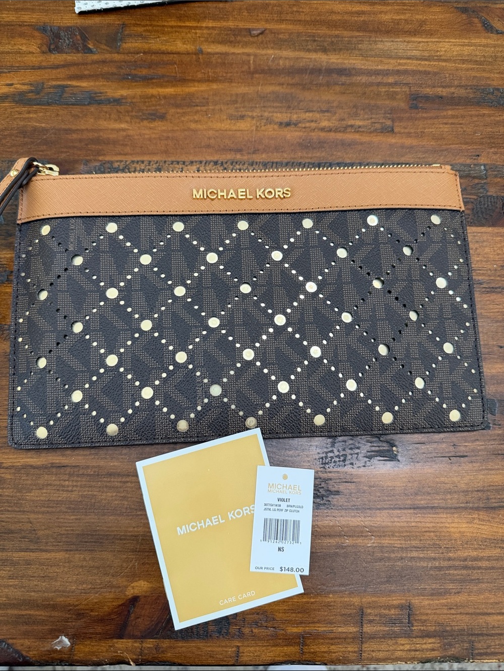 MICHAEL KORS Brown Perforated MK Zip Pouch with Tan Trim